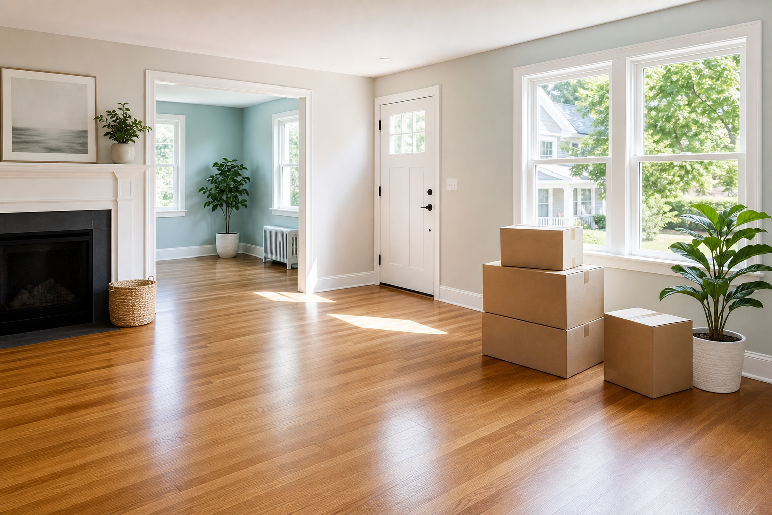 Clean empty room with moving boxes